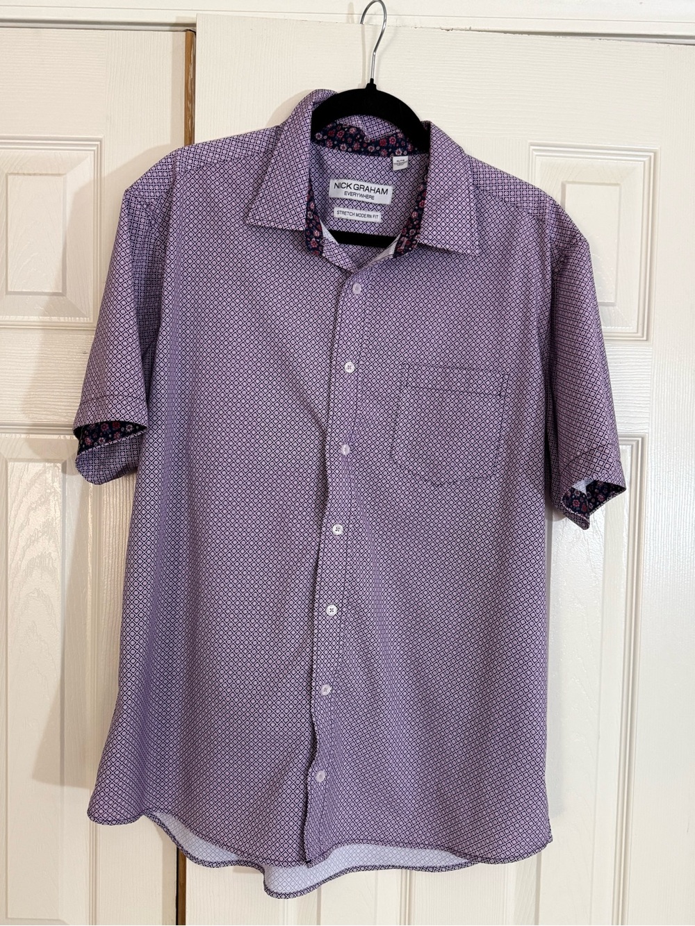 Nick Graham XL Stretch Modern Fit Button Shirt Purple Geometric Print